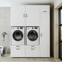 Roomart Waschmaschinenschrank Doppelschrank – SERIE 2 – Überbauschrank für Waschküche & Hauswirtschaftsraum – mit Ausziehbrett & Schubladen – in 3 Farben