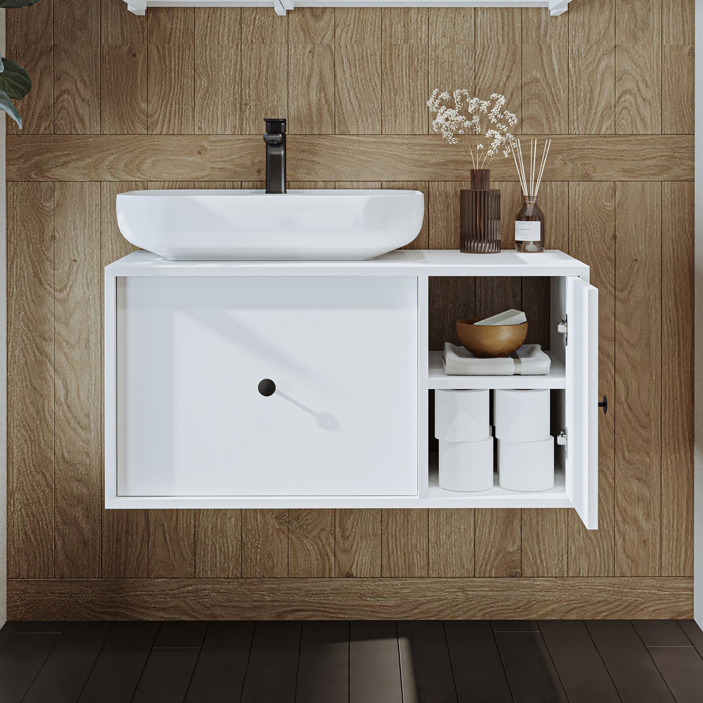 Roomart Badezimmermöbel GUSTO 90 cm – Keramik Waschbecken &/oder Unterschrank – Modernes Design – Varianten wählbar – Eiche oder Weiß