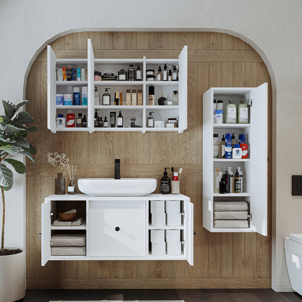 Roomart Badezimmermöbel Set GUSTO 105 cm – 4-teiliges Badmöbel-Set mit Keramik-Waschbecken, Spiegelschrank & Hochschrank – Moderne Badmöbel