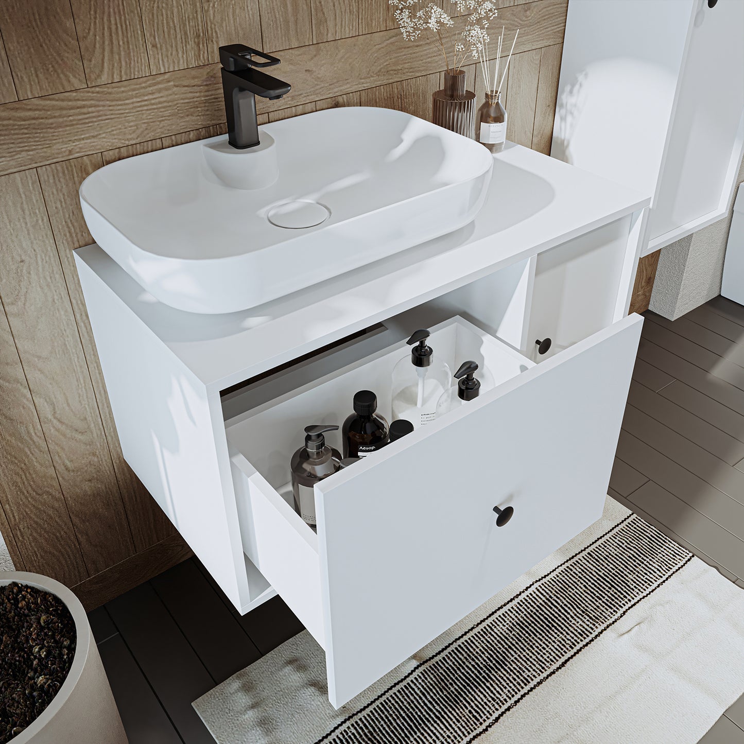 Roomart Badezimmermöbel GUSTO 90 cm – Keramik Waschbecken &/oder Unterschrank – Modernes Design – Varianten wählbar – Eiche oder Weiß