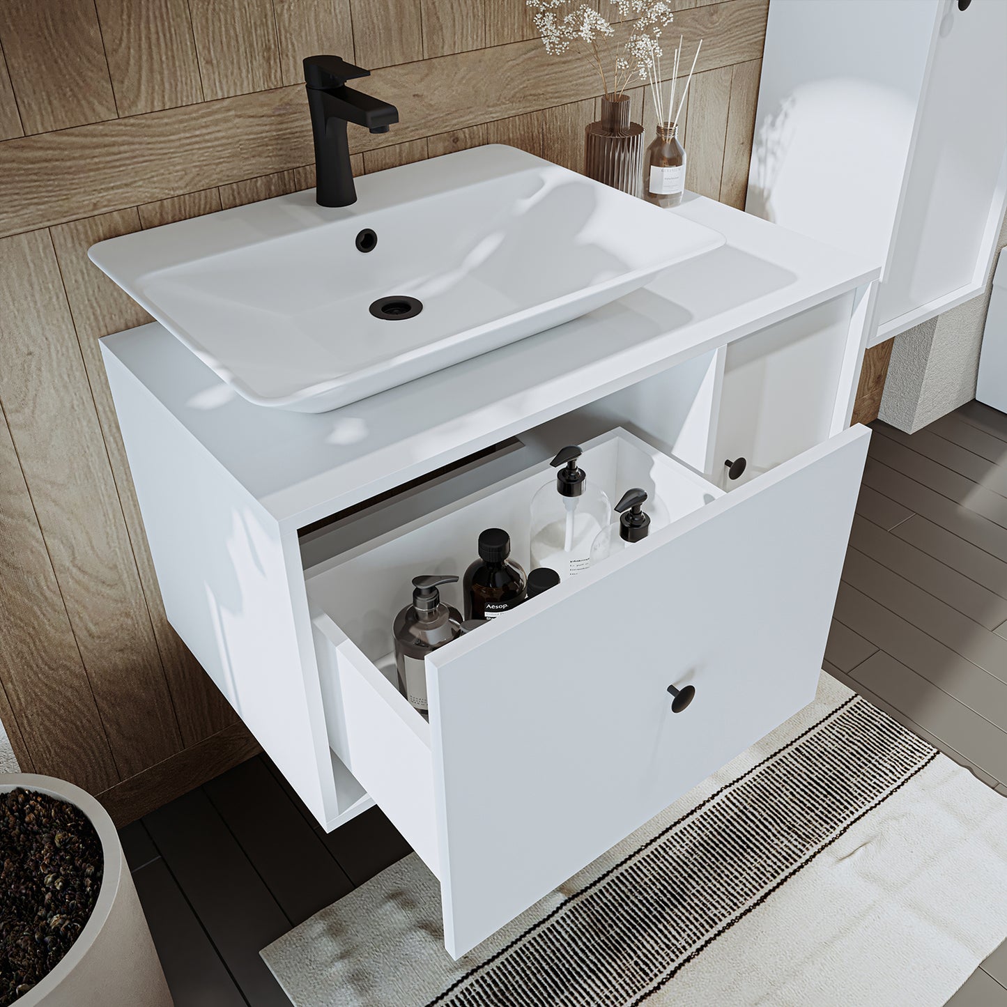 Roomart Badezimmermöbel GUSTO-ATL 90 cm – Keramik Waschbecken &/oder Unterschrank – Modernes Design – Varianten wählbar – Eiche oder Weiß