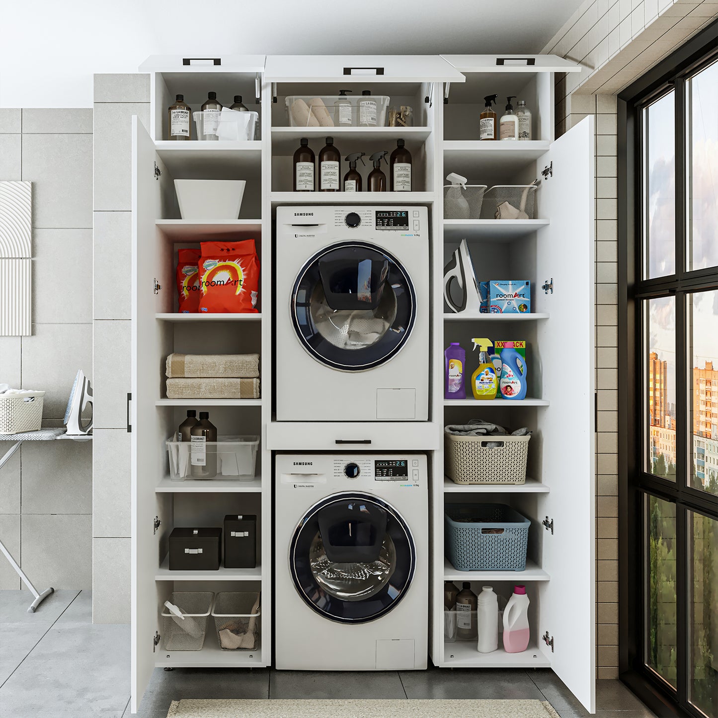 Roomart Waschmaschinenschrank DUO I – 2 Geräte übereinander & Hochschrank, 157 cm