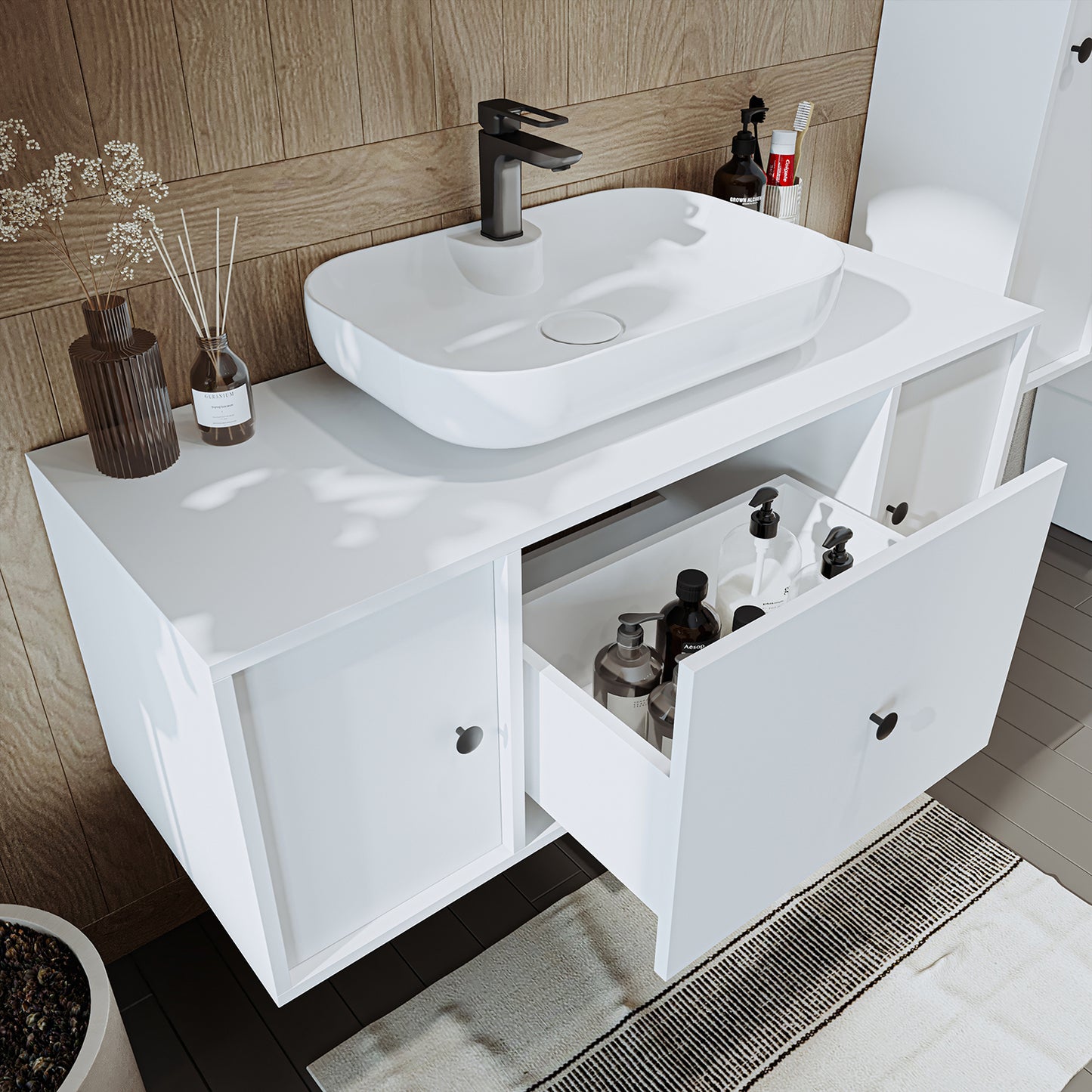 Roomart Badezimmermöbel GUSTO 120 cm – Keramik Waschbecken &/oder Unterschrank – Modernes Design – Varianten wählbar – Eiche oder Weiß