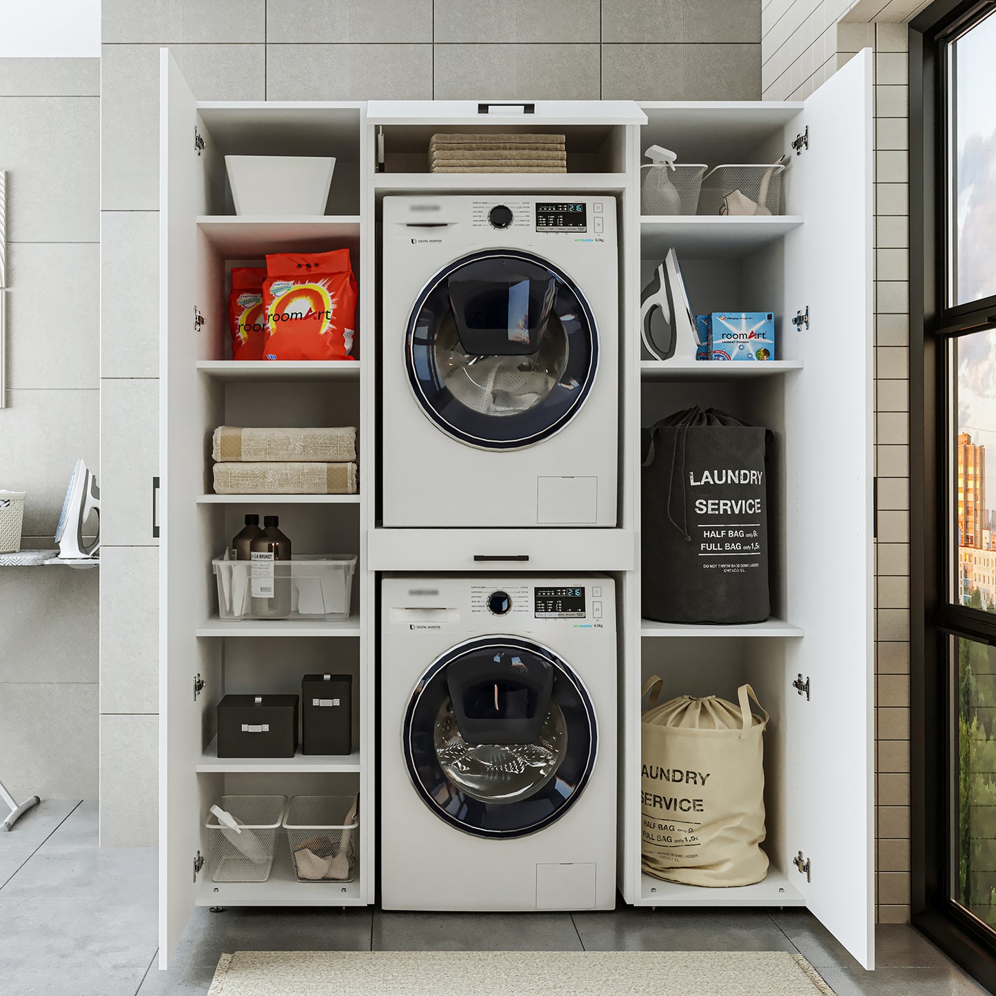 Roomart DUO-I Waschmaschinenschrank Schrankwand 157 cm – Waschmaschine & Trockner + Hochschrank | in 3 Farben