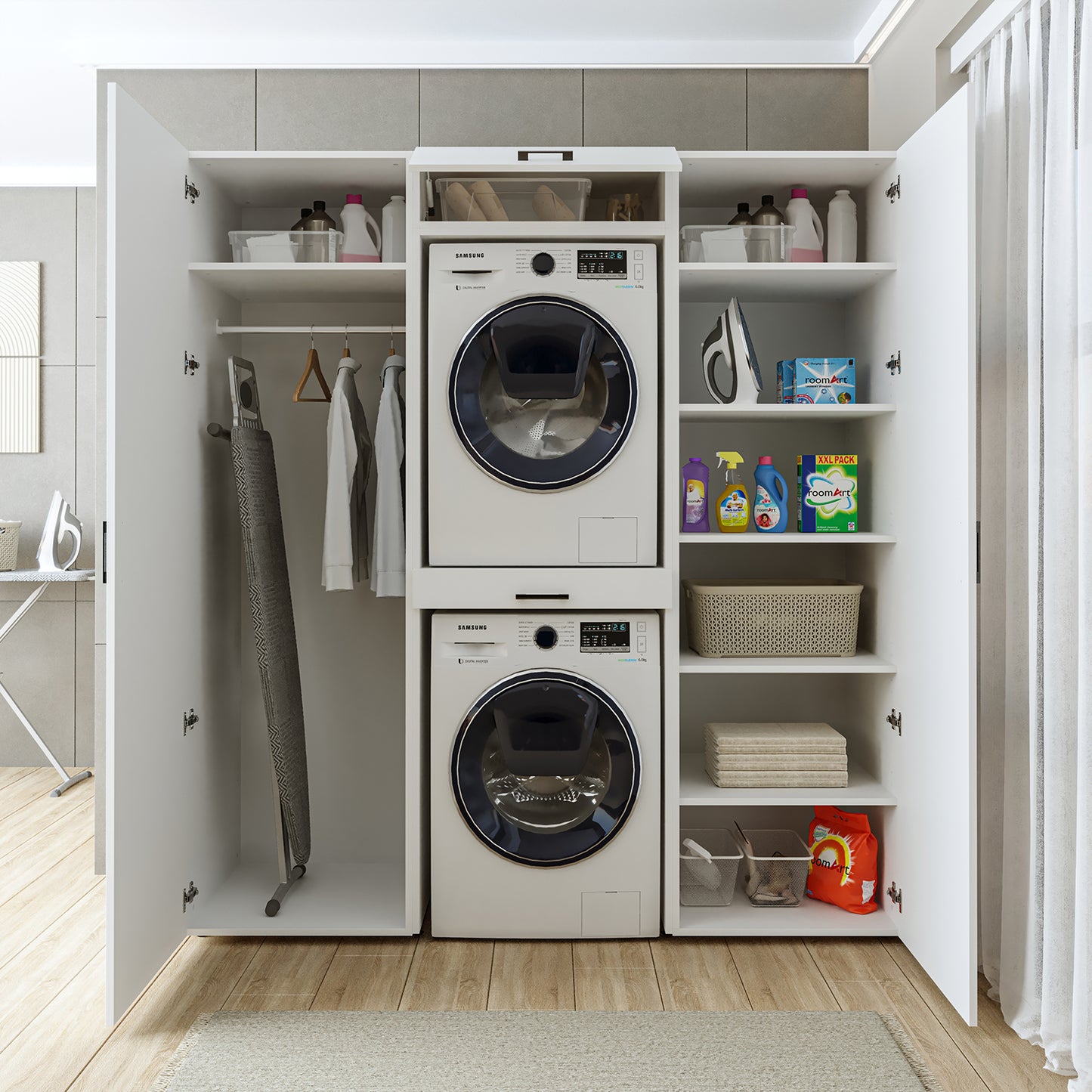 Roomart DUO I Schrankwand 187 cm – Waschmaschine & Trockner, Soft-Close | 3 Farben