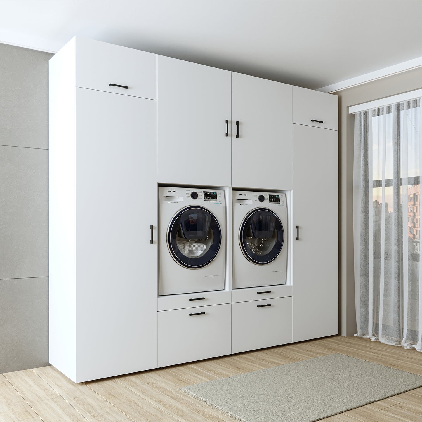 Roomart Waschmaschinenschrank SERIE 2 – Doppelschrank mit Seitenschränken, 3 Farben