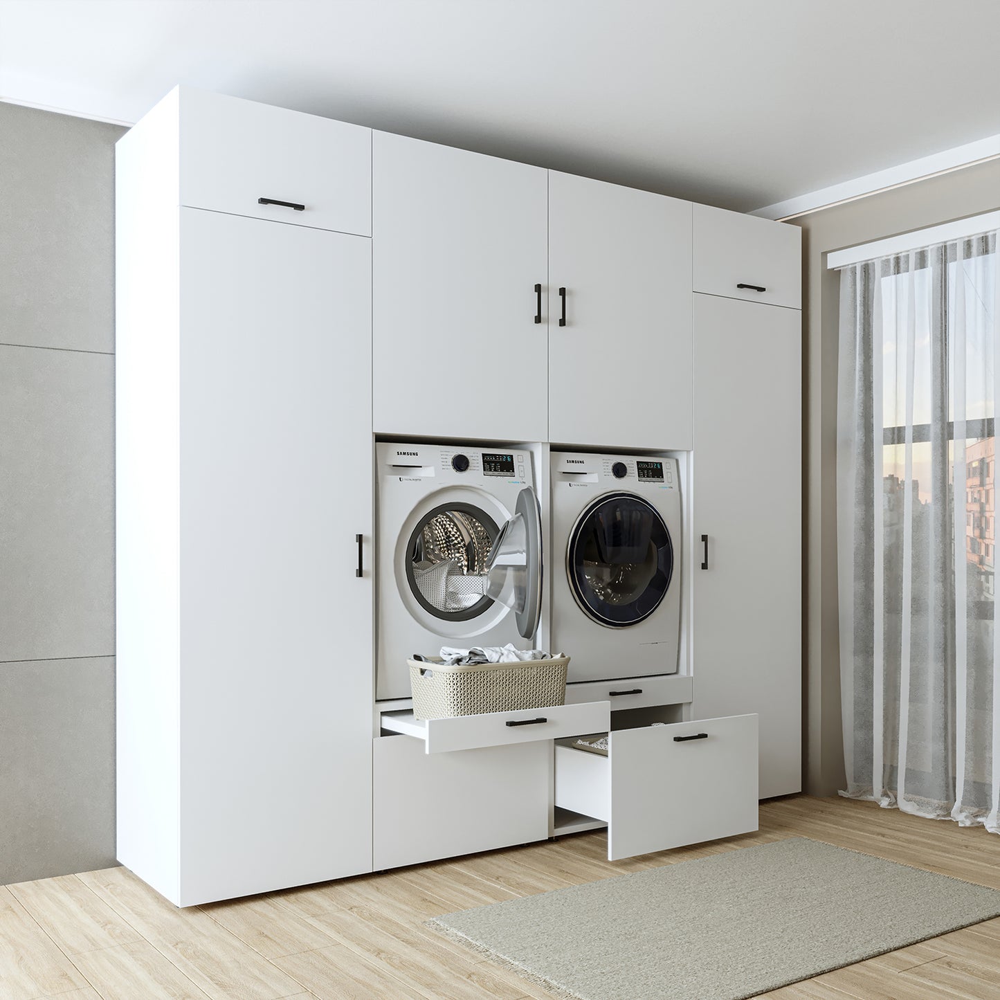 Roomart Waschmaschinenschrank SERIE 2 – Doppelschrank mit Seitenschränken, 3 Farben