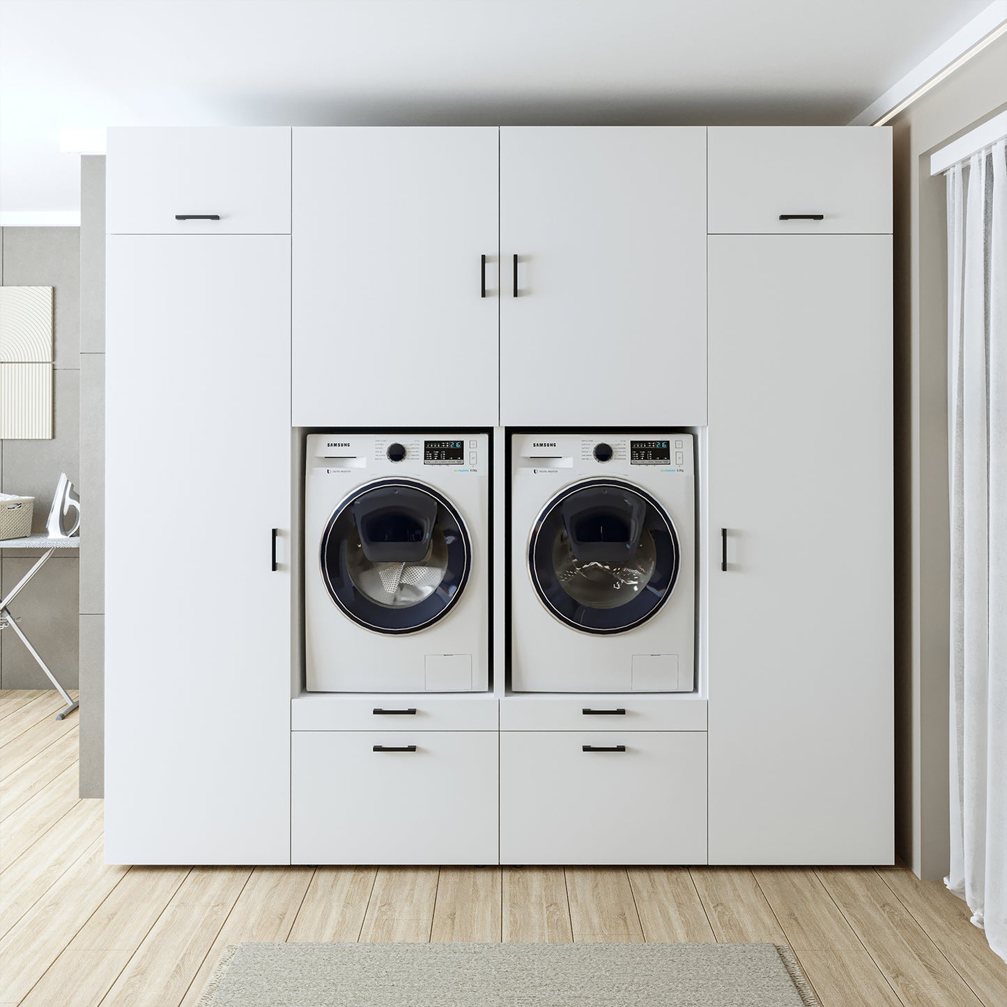 Roomart Waschmaschinenschrank SERIE 2 – Doppelschrank mit Seitenschränken, 3 Farben