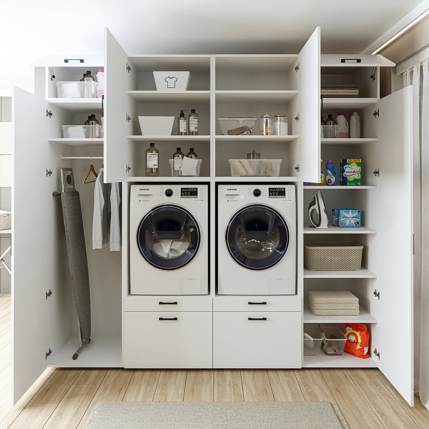 Roomart Waschmaschinenschrank SERIE 2 – Doppelschrank mit Seitenschränken, 3 Farben