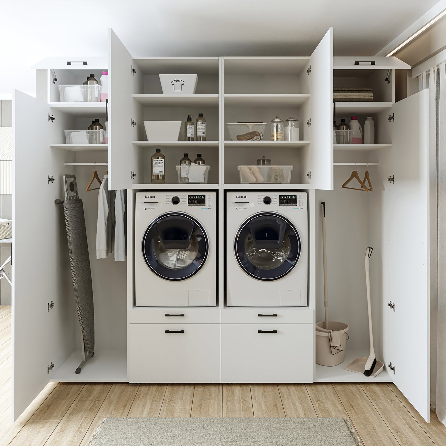 Roomart Waschmaschinenschrank SERIE 2 – Doppelschrank mit Seitenschränken, 3 Farben