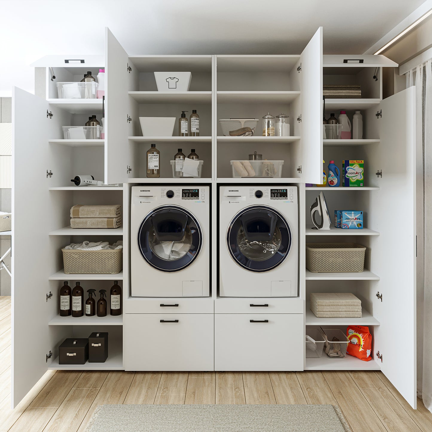 Roomart Waschmaschinenschrank SERIE 2 – Doppelschrank mit Seitenschränken, 3 Farben