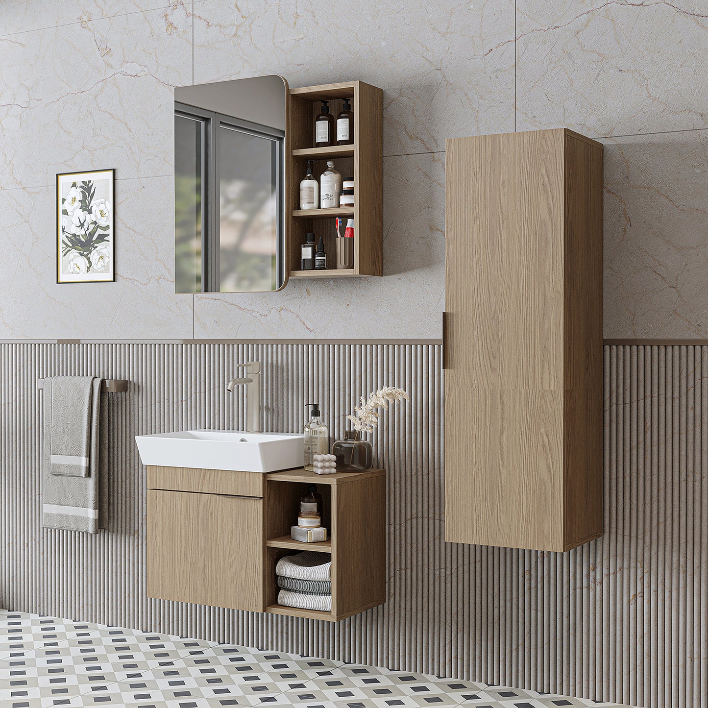 Roomart Badmöbel Set LYCIA 72 cm – 4-teiliges Badezimmermöbel-Set mit Keramik-Waschbecken, Spiegelschrank & Seitenschrank – Badmöbel in 4 Farben