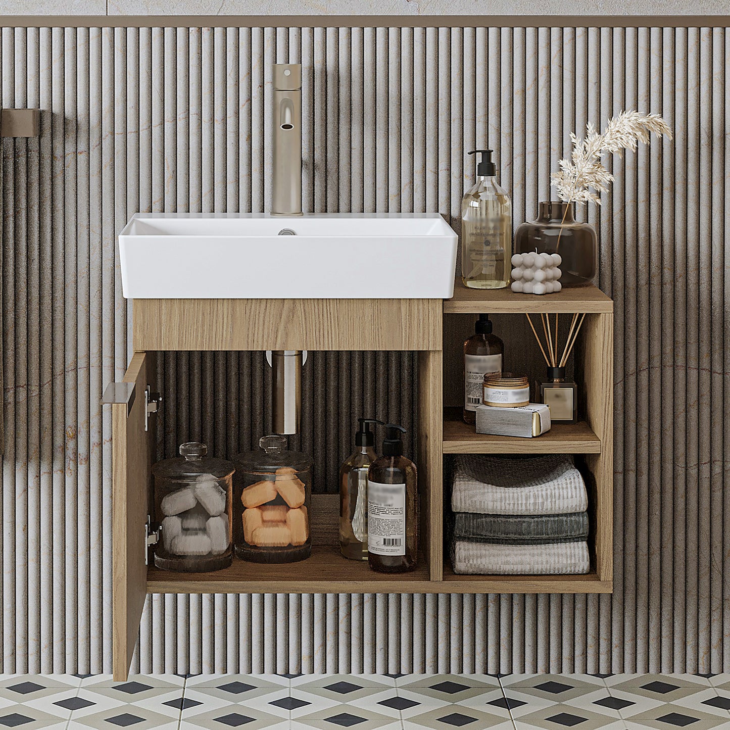 Roomart Badmöbel LYCIA 72 cm – Waschbeckenunterschrank mit Keramik-Waschbecken – Waschtischunterschrank für Badezimmer – Modernes Badmöbel mit Stauraum – 4 Farben