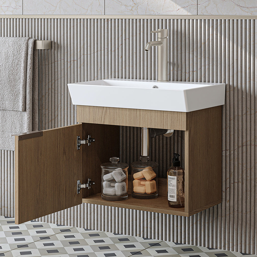 Roomart Badmöbel LYCIA 60 cm – Waschbeckenunterschrank mit Keramik-Waschbecken – Waschtischunterschrank für Badezimmer – Modernes Badmöbel mit Stauraum – 4 Farben