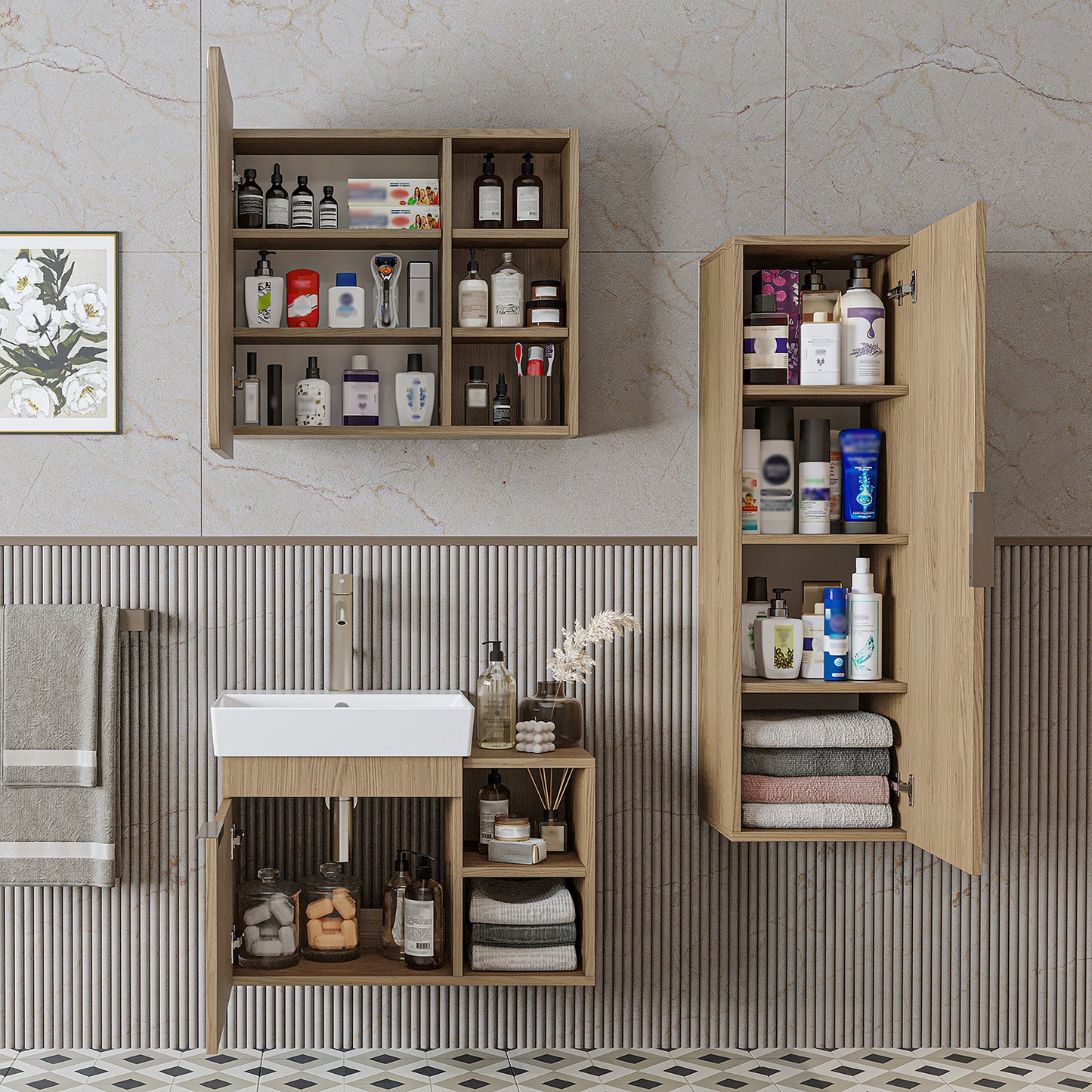 Roomart Badmöbel Set LYCIA 72 cm – 4-teiliges Badezimmermöbel-Set mit Keramik-Waschbecken, Spiegelschrank & Seitenschrank – Badmöbel in 4 Farben