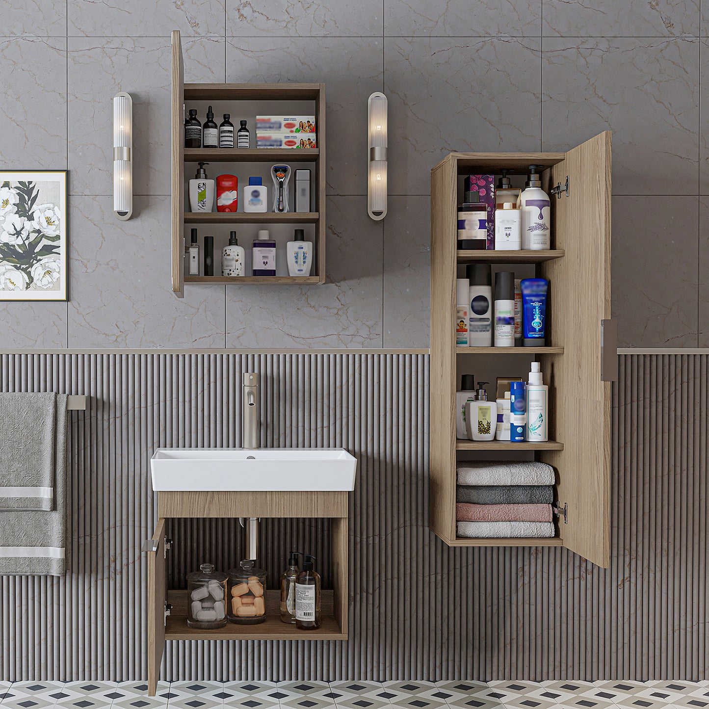 Roomart Badmöbel Set LYCIA 60 cm – 4-teiliges Badezimmermöbel-Set mit Keramik-Waschbecken, Spiegelschrank & Seitenschrank – Badmöbel in 4 Farben