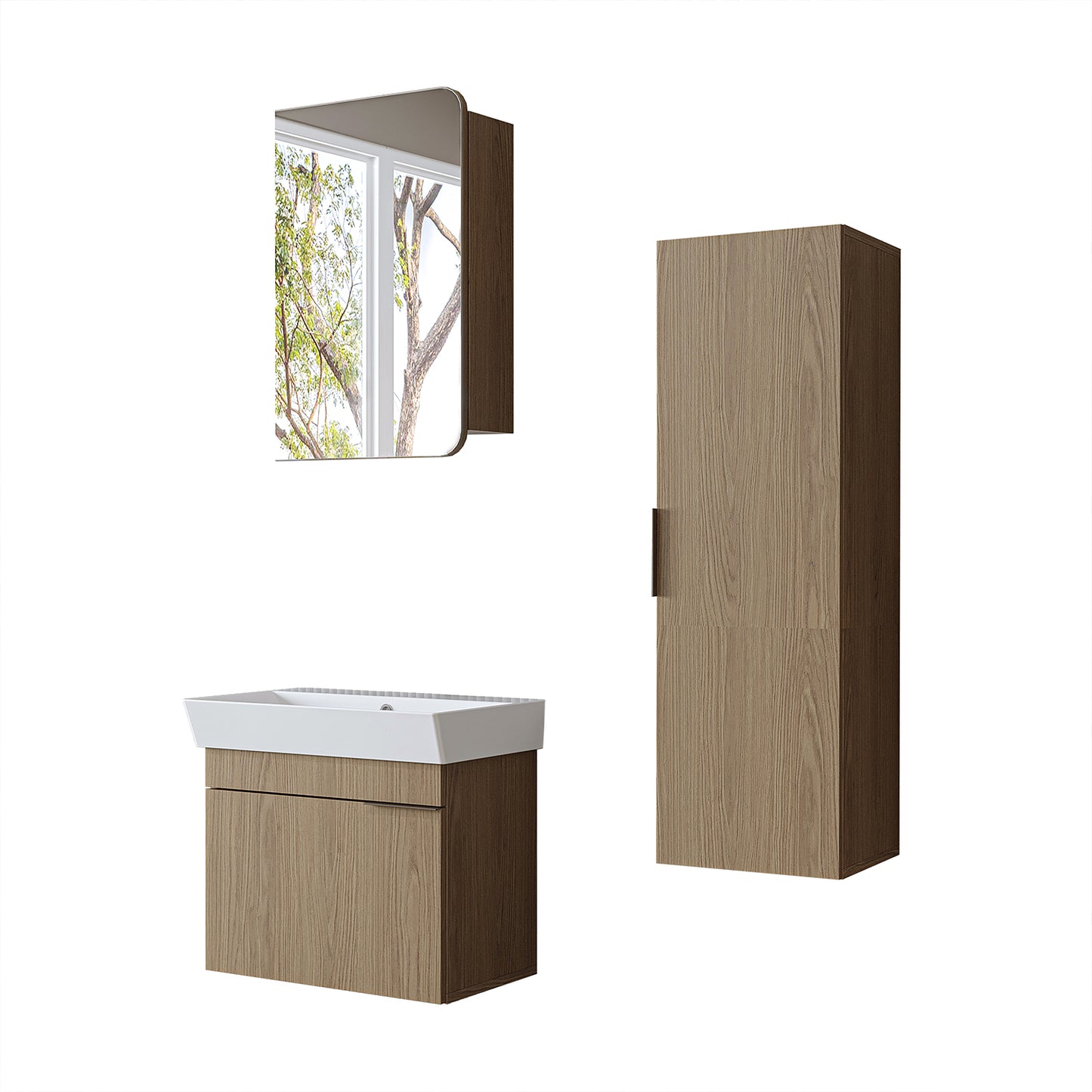 Roomart Badmöbel Set LYCIA 60 cm – 4-teiliges Badezimmermöbel-Set mit Keramik-Waschbecken, Spiegelschrank & Seitenschrank – Badmöbel in 4 Farben