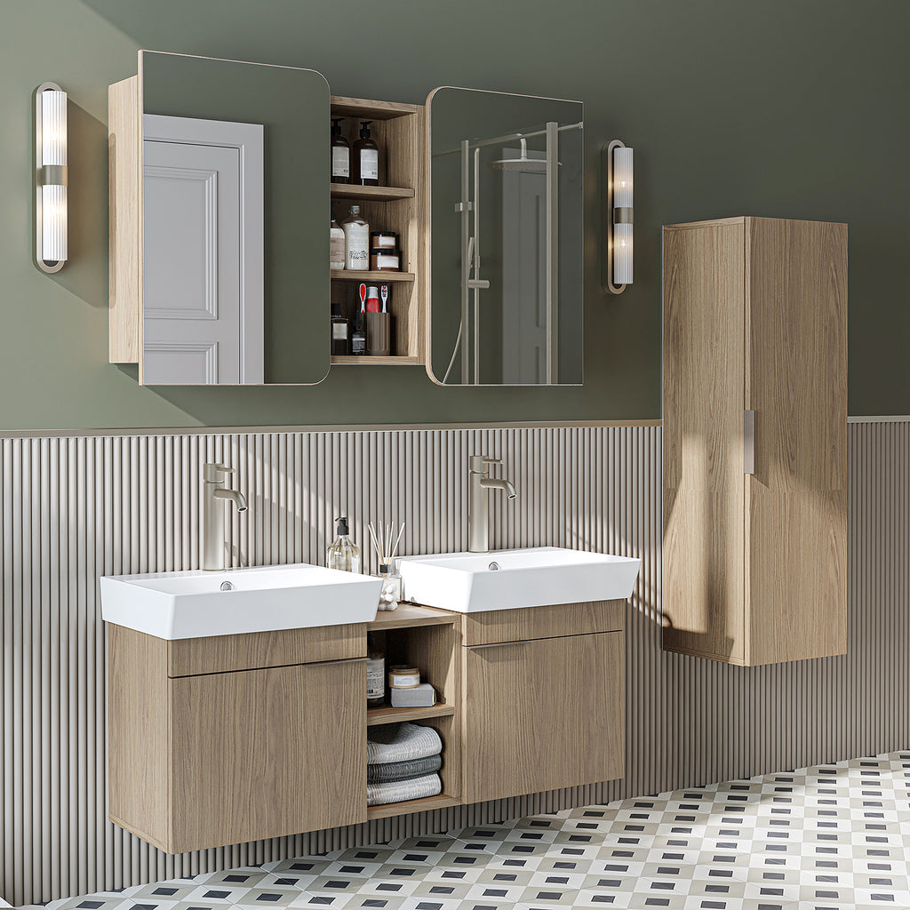 Roomart Badmöbel Set LYCIA 120 cm – 4-teiliges Badezimmermöbel-Set mit Keramik-Waschbecken, Spiegelschrank & Seitenschrank – Badmöbel in 4 Farben