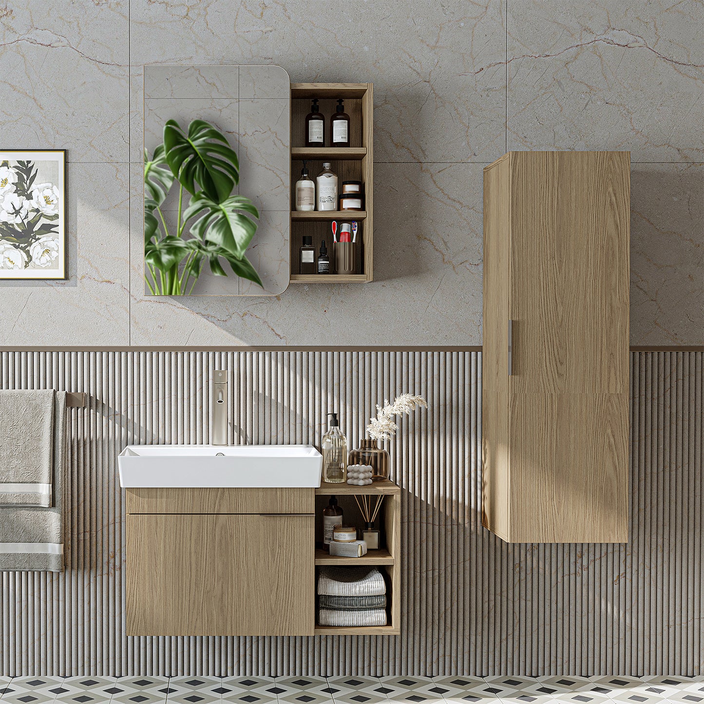 Roomart Badmöbel Set LYCIA 82 cm – 4-teiliges Badezimmermöbel-Set mit Keramik-Waschbecken, Spiegelschrank & Seitenschrank – Badmöbel in 4 Farben