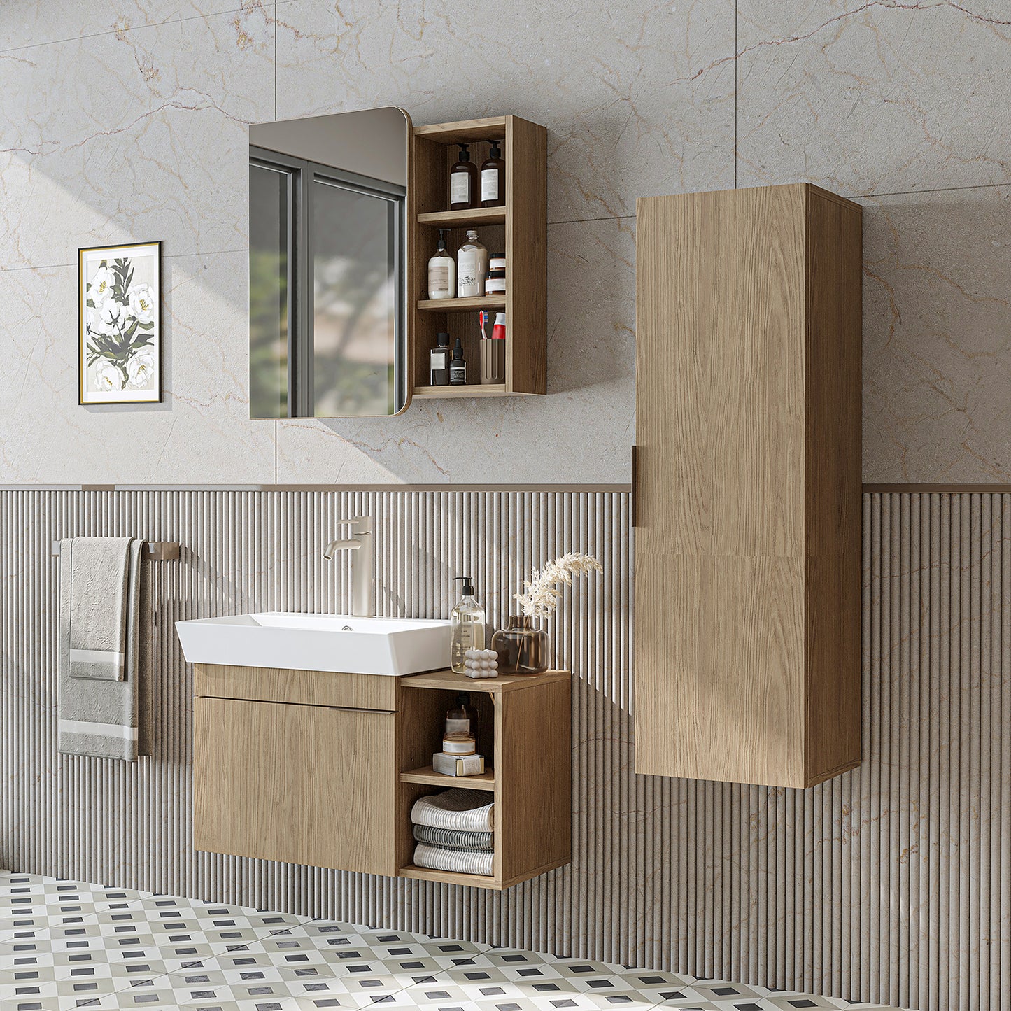 Roomart Badmöbel Set LYCIA 82 cm – 4-teiliges Badezimmermöbel-Set mit Keramik-Waschbecken, Spiegelschrank & Seitenschrank – Badmöbel in 4 Farben