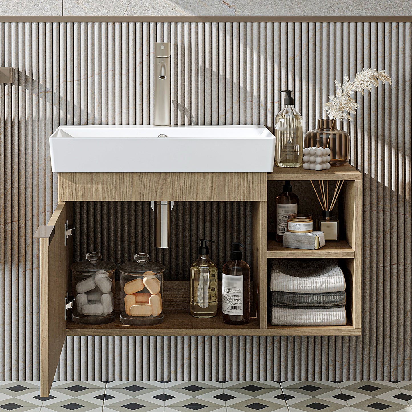 Roomart Badmöbel Set LYCIA 82 cm – 4-teiliges Badezimmermöbel-Set mit Keramik-Waschbecken, Spiegelschrank & Seitenschrank – Badmöbel in 4 Farben