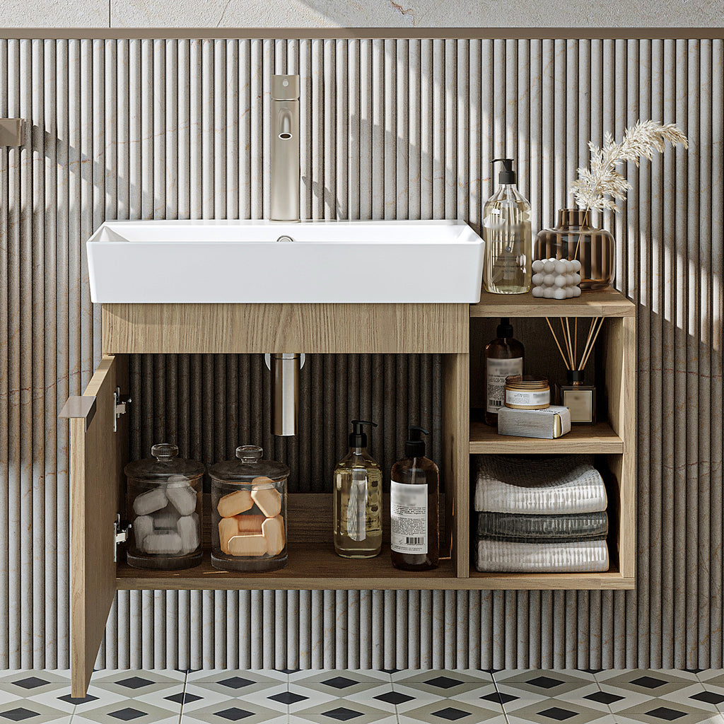 Roomart Badmöbel LYCIA 82 cm – Waschbeckenunterschrank mit Keramik-Waschbecken – Waschtischunterschrank für Badezimmer – Modernes Badmöbel mit Stauraum – 4 Farben