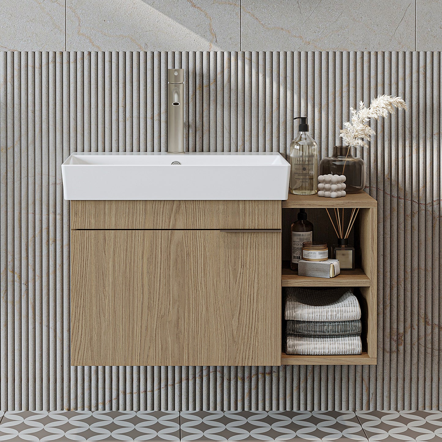 Roomart Badmöbel LYCIA 82 cm – Waschbeckenunterschrank mit Keramik-Waschbecken – Waschtischunterschrank für Badezimmer – Modernes Badmöbel mit Stauraum – 4 Farben