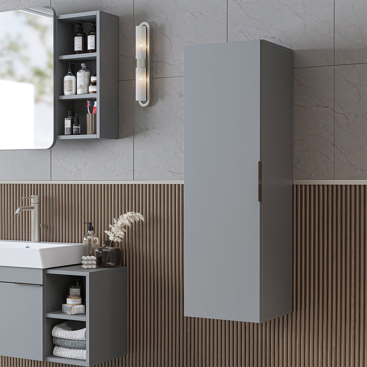 Roomart Badmöbel Set LYCIA 82 cm – 4-teiliges Badezimmermöbel-Set mit Keramik-Waschbecken, Spiegelschrank & Seitenschrank – Badmöbel in 4 Farben