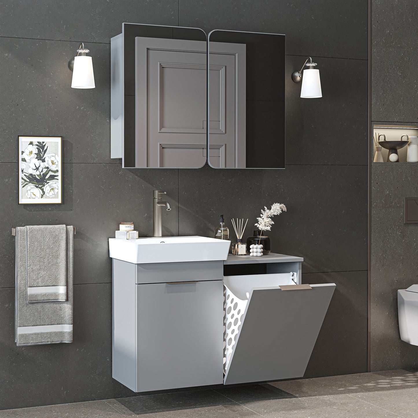 Badmöbel-Set LYCIA 49 cm in Grau mit Waschbecken und Wäschekorb