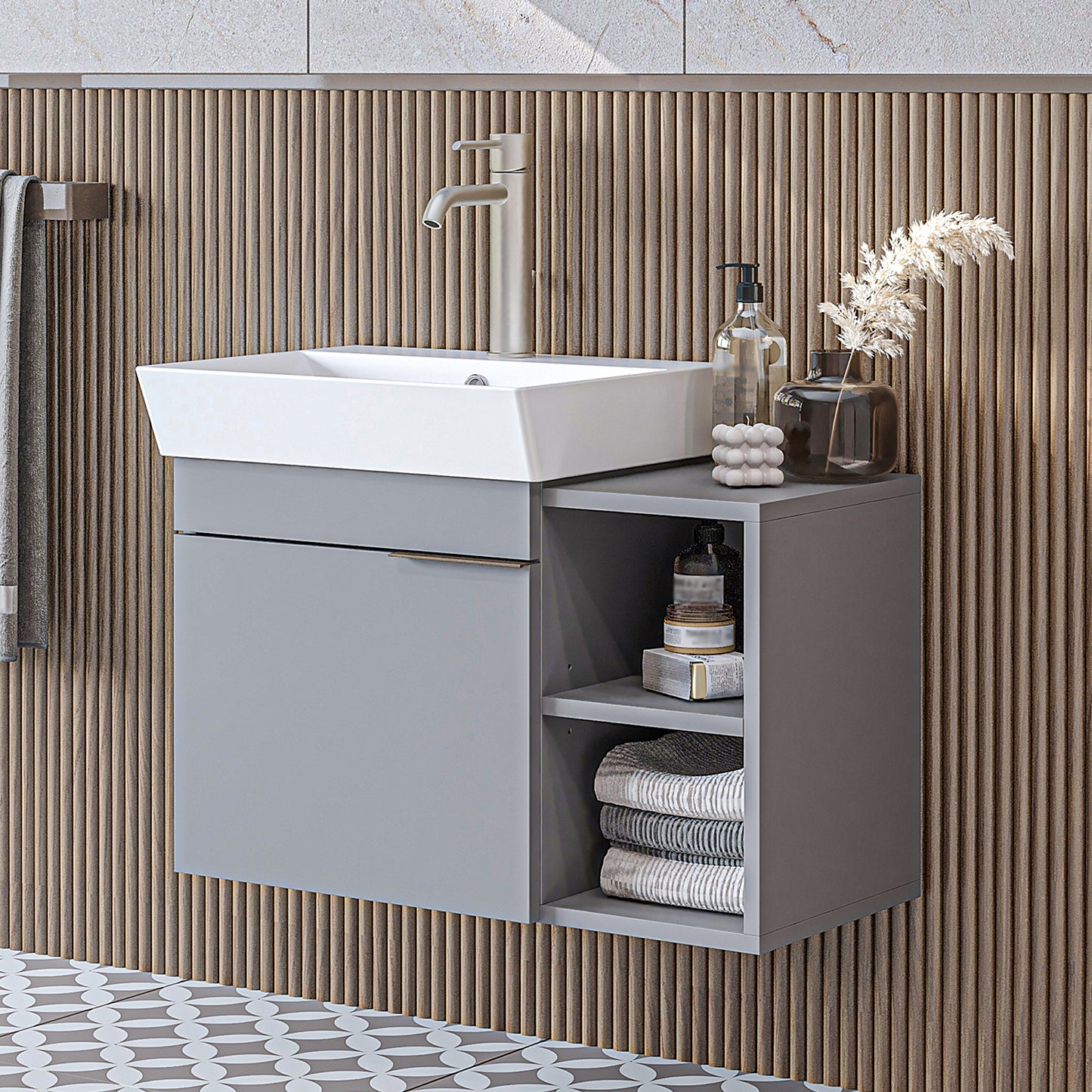 Roomart Badmöbel LYCIA 72 cm – Waschbeckenunterschrank mit Keramik-Waschbecken – Waschtischunterschrank für Badezimmer – Modernes Badmöbel mit Stauraum – 4 Farben