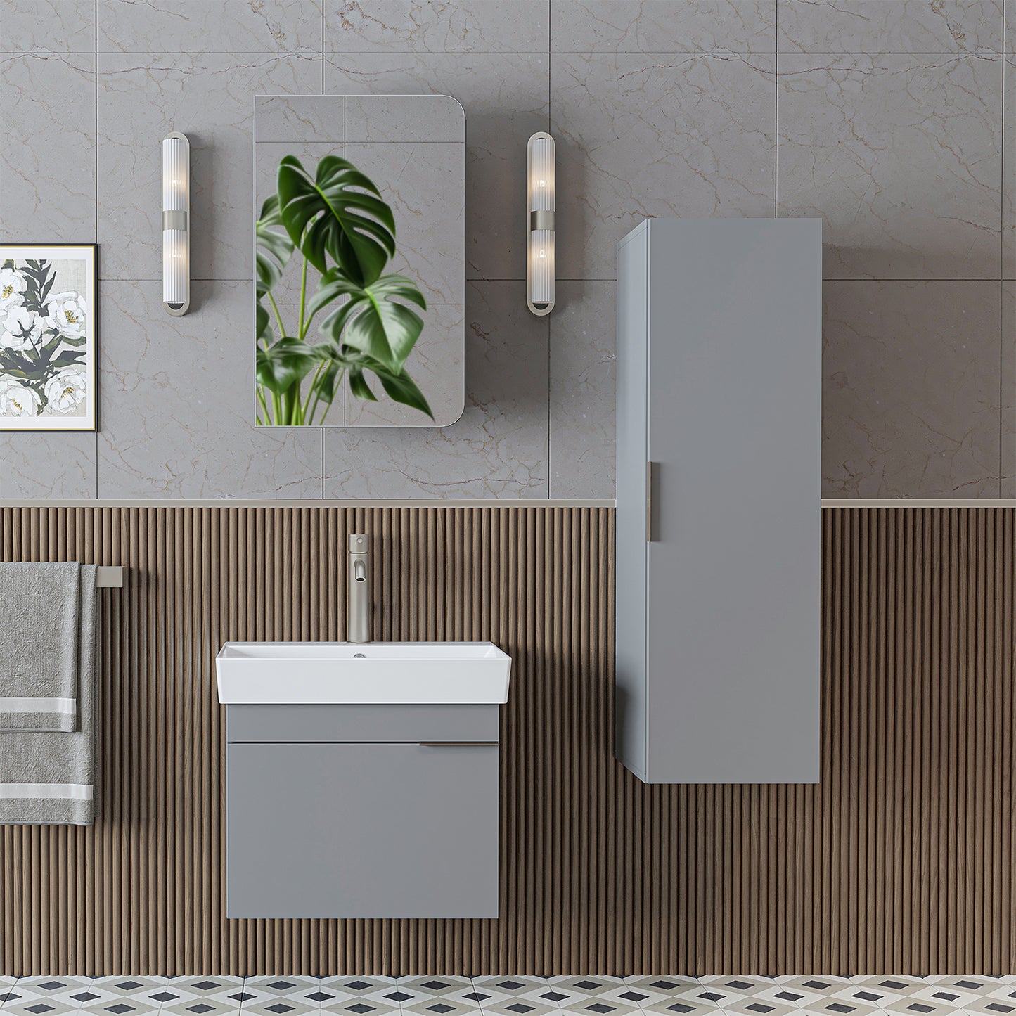 Roomart Badmöbel Set LYCIA 60 cm – 4-teiliges Badezimmermöbel-Set mit Keramik-Waschbecken, Spiegelschrank & Seitenschrank – Badmöbel in 4 Farben