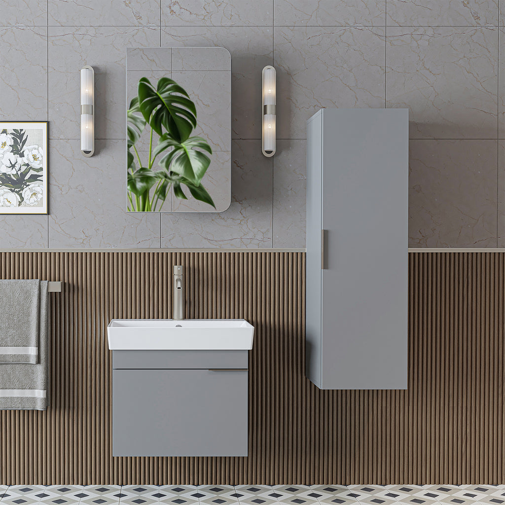 Roomart Badmöbel Set LYCIA 60 cm – 4-teiliges Badezimmermöbel-Set mit Keramik-Waschbecken, Spiegelschrank & Seitenschrank – Badmöbel in 4 Farben