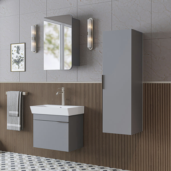 Roomart Badmöbel Set LYCIA 60 cm – 4-teiliges Badezimmermöbel-Set mit Keramik-Waschbecken, Spiegelschrank & Seitenschrank – Badmöbel in 4 Farben