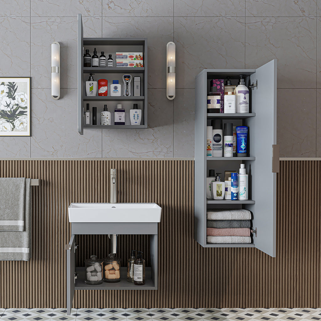 Roomart Badmöbel Set LYCIA 60 cm – 4-teiliges Badezimmermöbel-Set mit Keramik-Waschbecken, Spiegelschrank & Seitenschrank – Badmöbel in 4 Farben