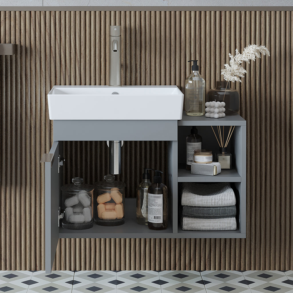 Roomart Badmöbel LYCIA 72 cm – Waschbeckenunterschrank mit Keramik-Waschbecken – Waschtischunterschrank für Badezimmer – Modernes Badmöbel mit Stauraum – 4 Farben