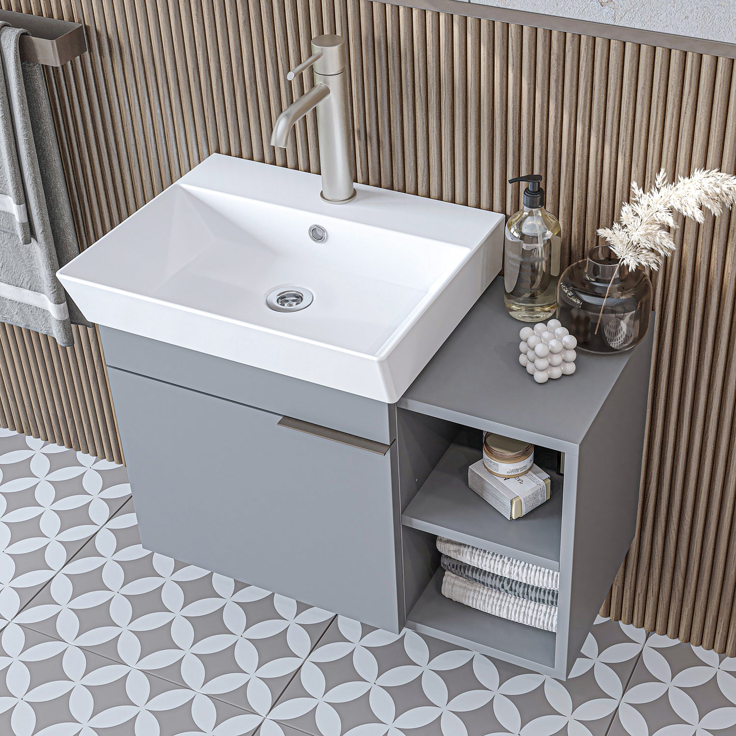 Roomart Badmöbel LYCIA 72 cm – Waschbeckenunterschrank mit Keramik-Waschbecken – Waschtischunterschrank für Badezimmer – Modernes Badmöbel mit Stauraum – 4 Farben