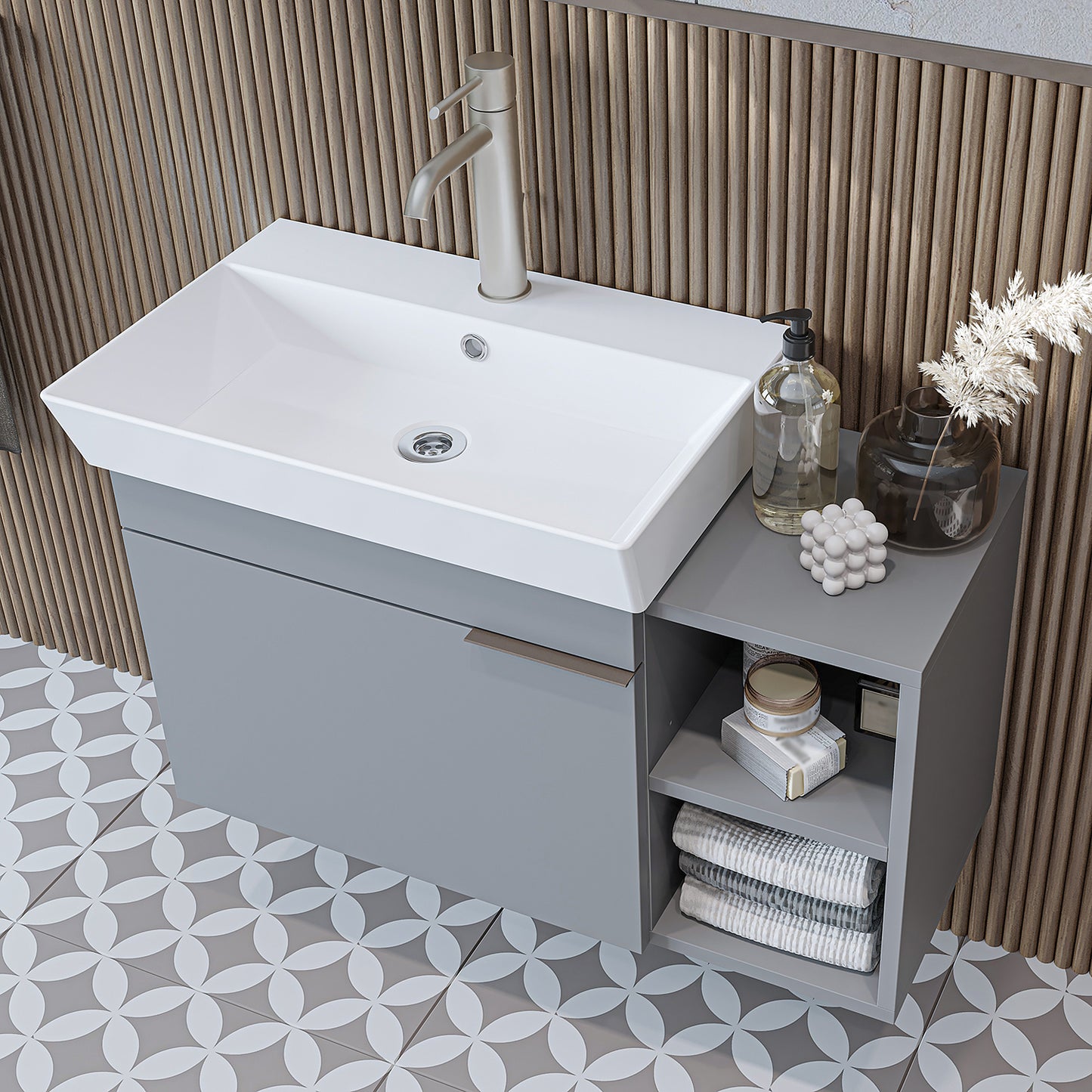 Roomart Badmöbel LYCIA 82 cm – Waschbeckenunterschrank mit Keramik-Waschbecken – Waschtischunterschrank für Badezimmer – Modernes Badmöbel mit Stauraum – 4 Farben