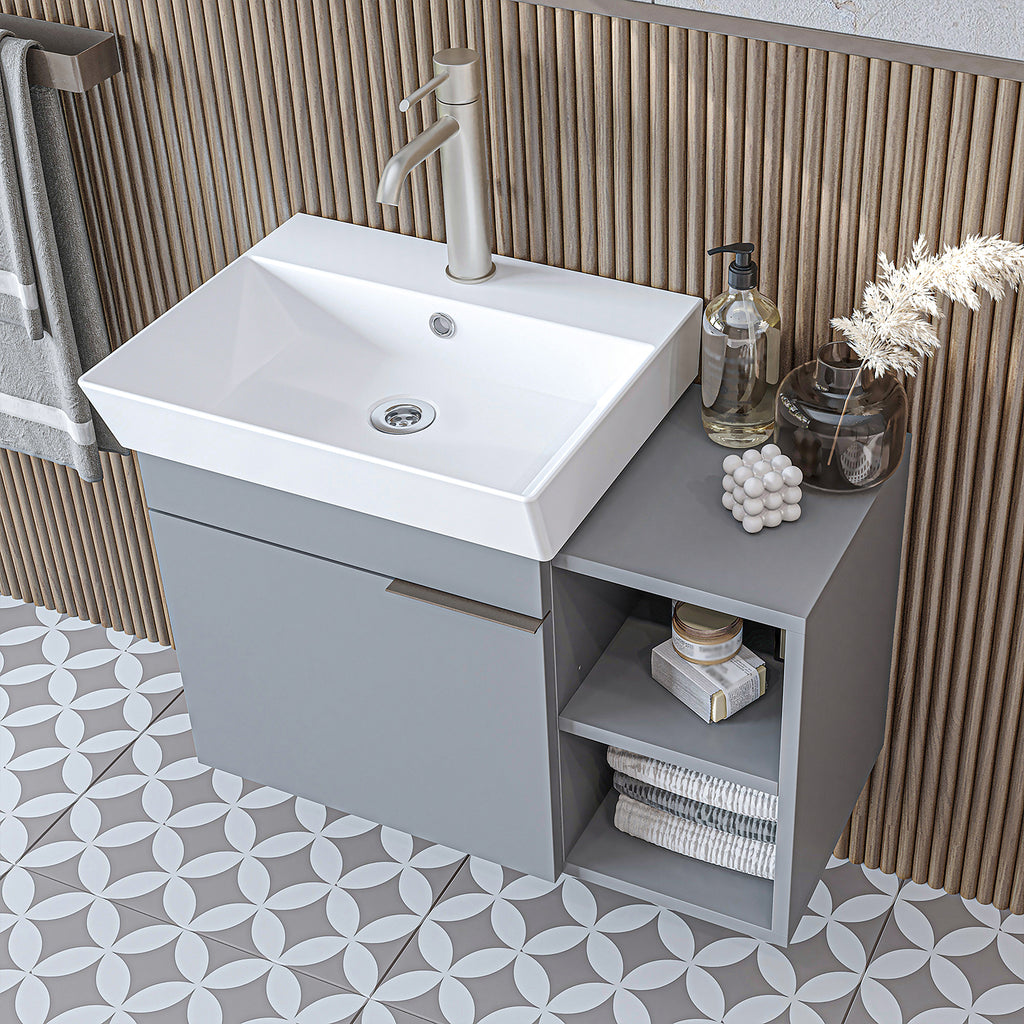 Roomart Badmöbel Set LYCIA 72 cm – 4-teiliges Badezimmermöbel-Set mit Keramik-Waschbecken, Spiegelschrank & Seitenschrank – Badmöbel in 4 Farben