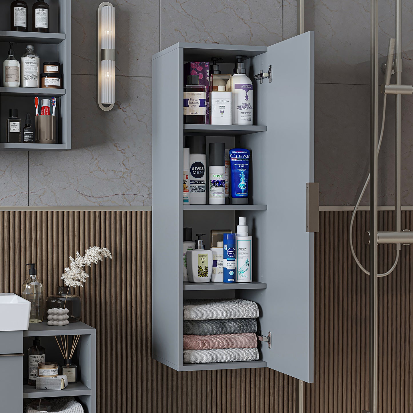 ROOMART Badmöbelset LYCIA 50 cm Unterschrank mit Keramik-Waschbecken, Spiegelschrank, Seitenschrank, Badezimmermöbel in 4 Farben