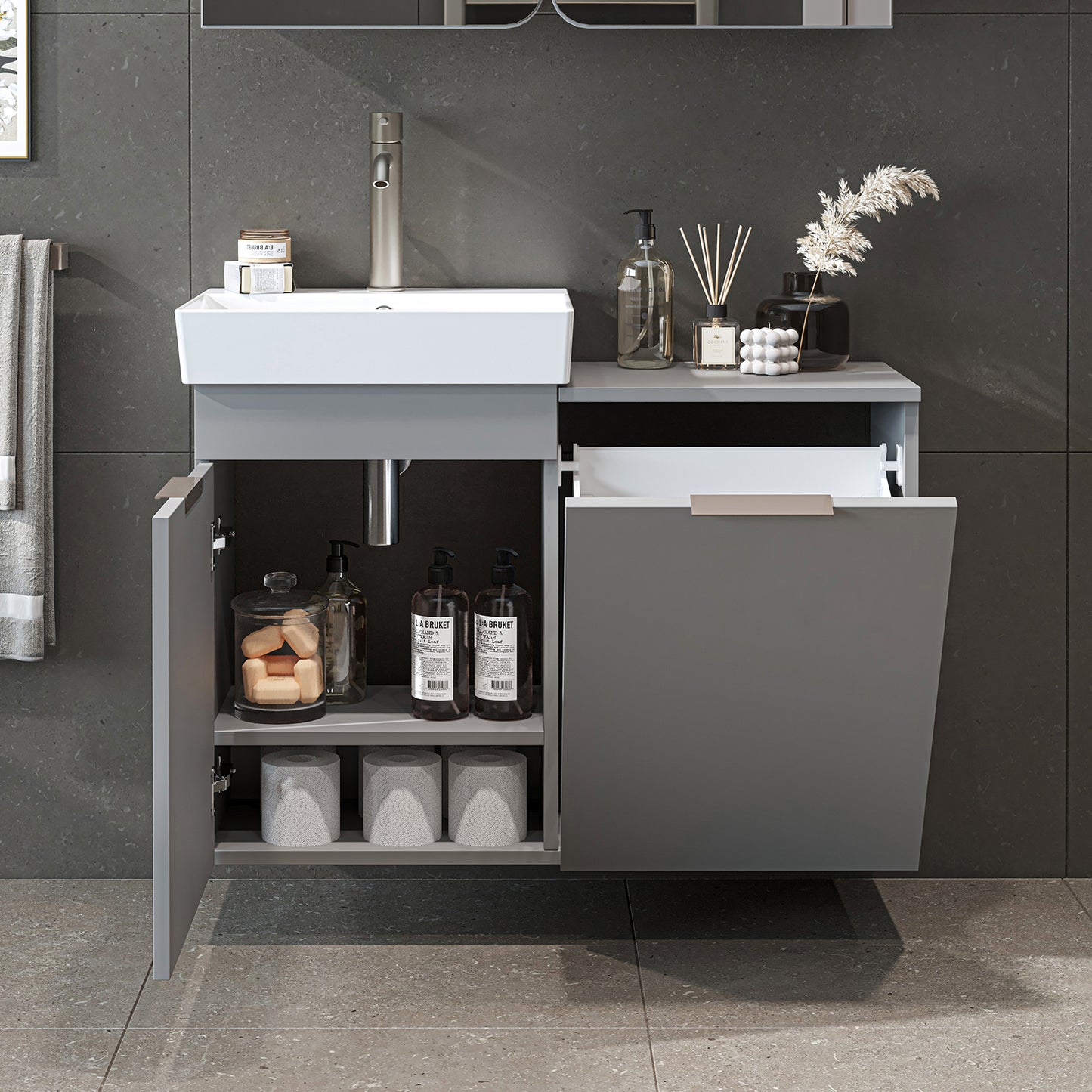 Roomart Waschbeckenunterschrank LYCIA, 49 cm, mit Waschbecken und Wäschefach, in 4 Farben