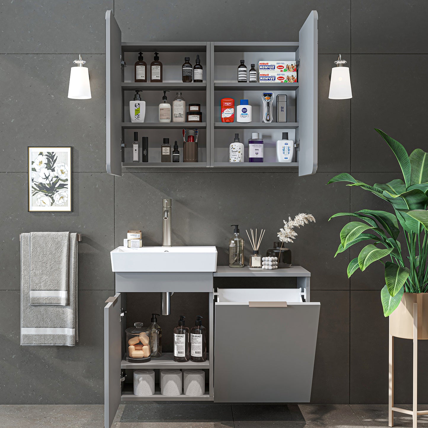 Roomart 2-teiliges Badmöbel-Set LYCIA, 49 cm, Waschtisch mit Spiegelschrank, in 4 Farben