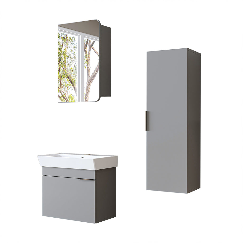 Roomart Badmöbel Set LYCIA 60 cm – 4-teiliges Badezimmermöbel-Set mit Keramik-Waschbecken, Spiegelschrank & Seitenschrank – Badmöbel in 4 Farben