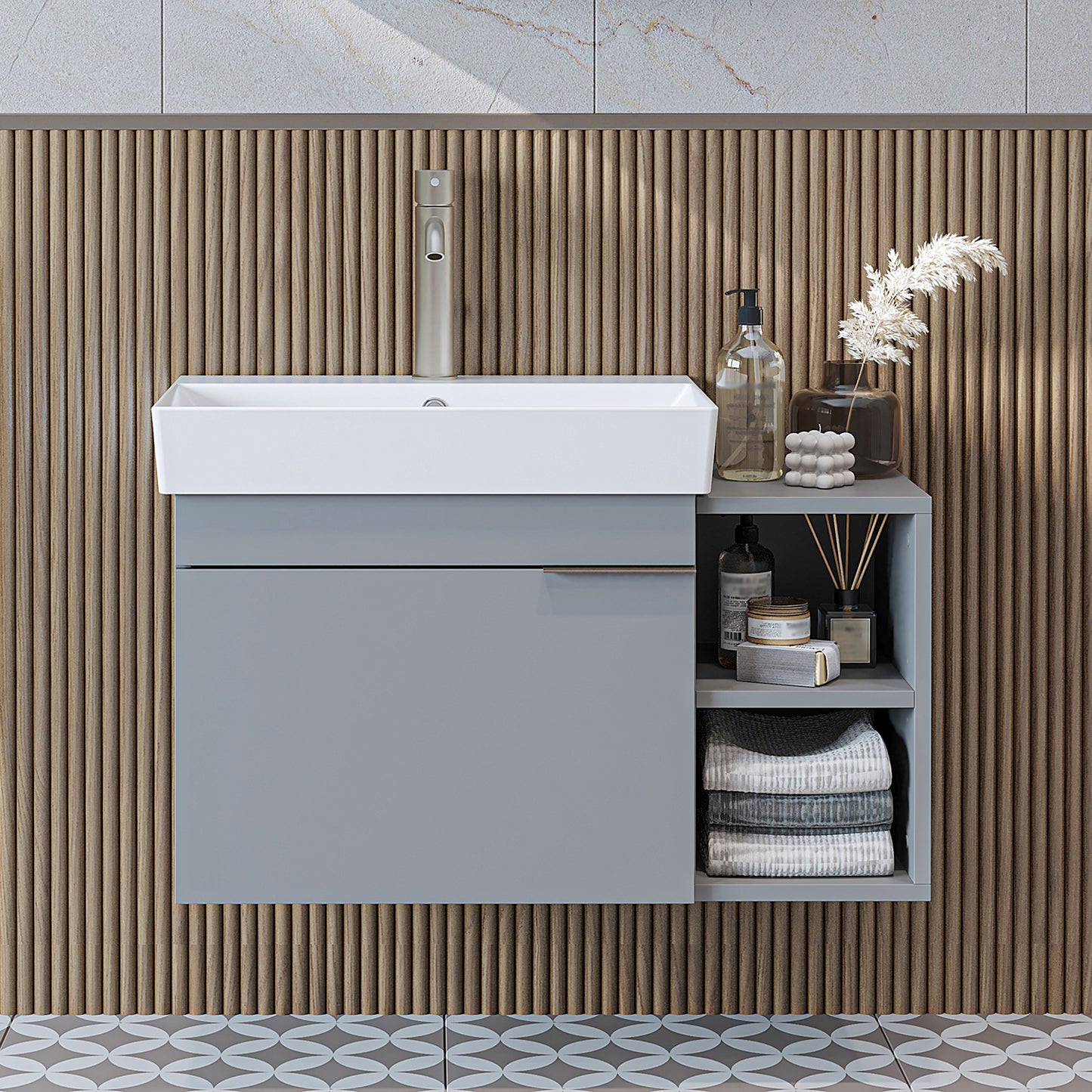 Roomart Badmöbel LYCIA 82 cm – Waschbeckenunterschrank mit Keramik-Waschbecken – Waschtischunterschrank für Badezimmer – Modernes Badmöbel mit Stauraum – 4 Farben