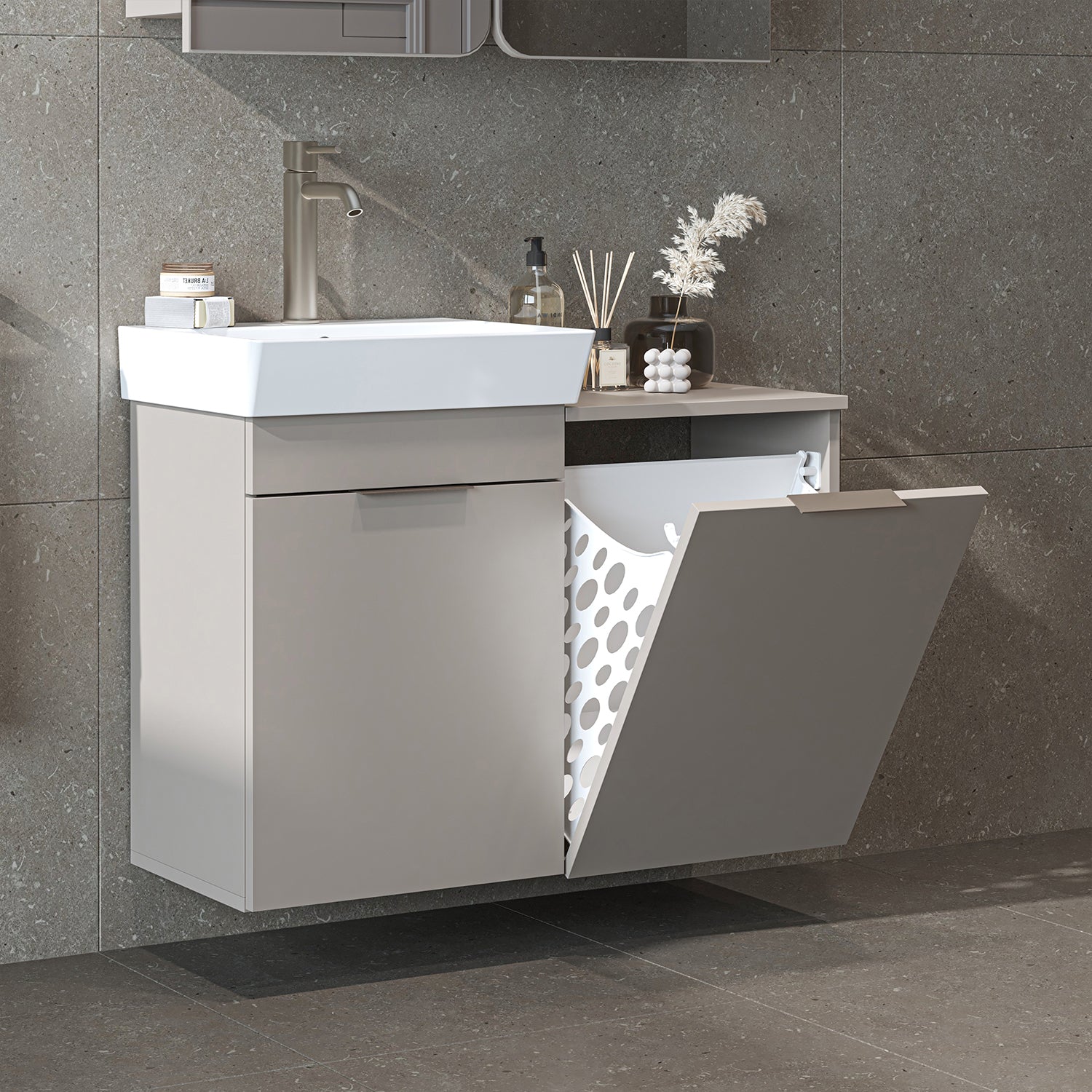 Waschtischunterschrank LYCIA in Beige mit Waschbecken und Wäschekorb