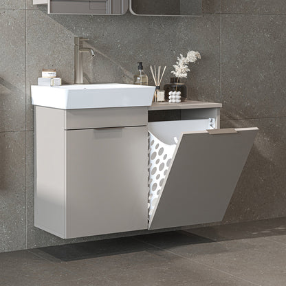 Waschtischunterschrank LYCIA in Beige mit Waschbecken und Wäschekorb