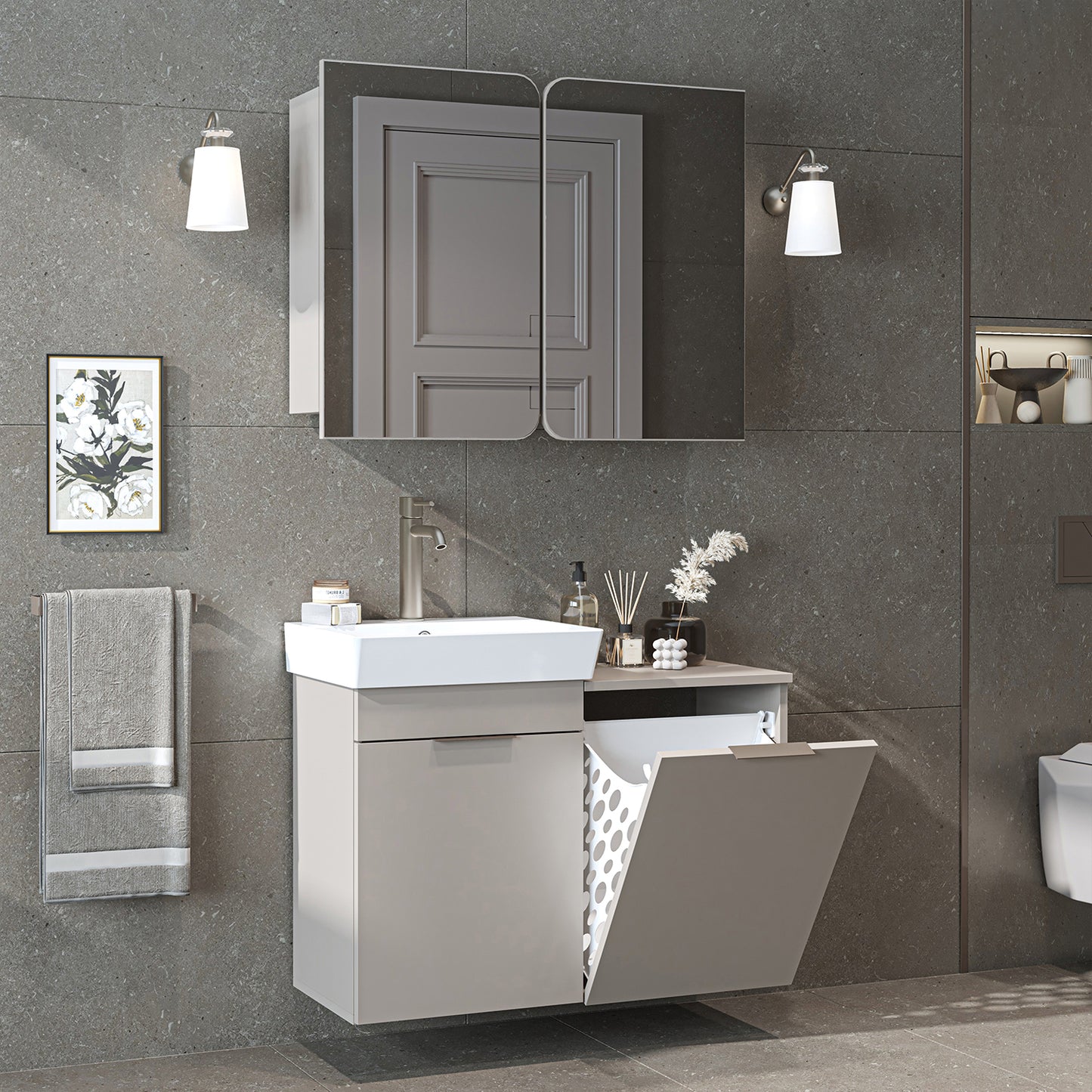 Badmöbel-Set LYCIA 49 cm in Beige mit Waschbecken und Wäschekorb