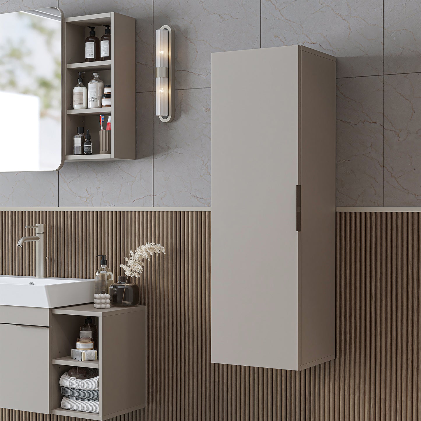 Roomart Badmöbel Set LYCIA 72 cm – 4-teiliges Badezimmermöbel-Set mit Keramik-Waschbecken, Spiegelschrank & Seitenschrank – Badmöbel in 4 Farben