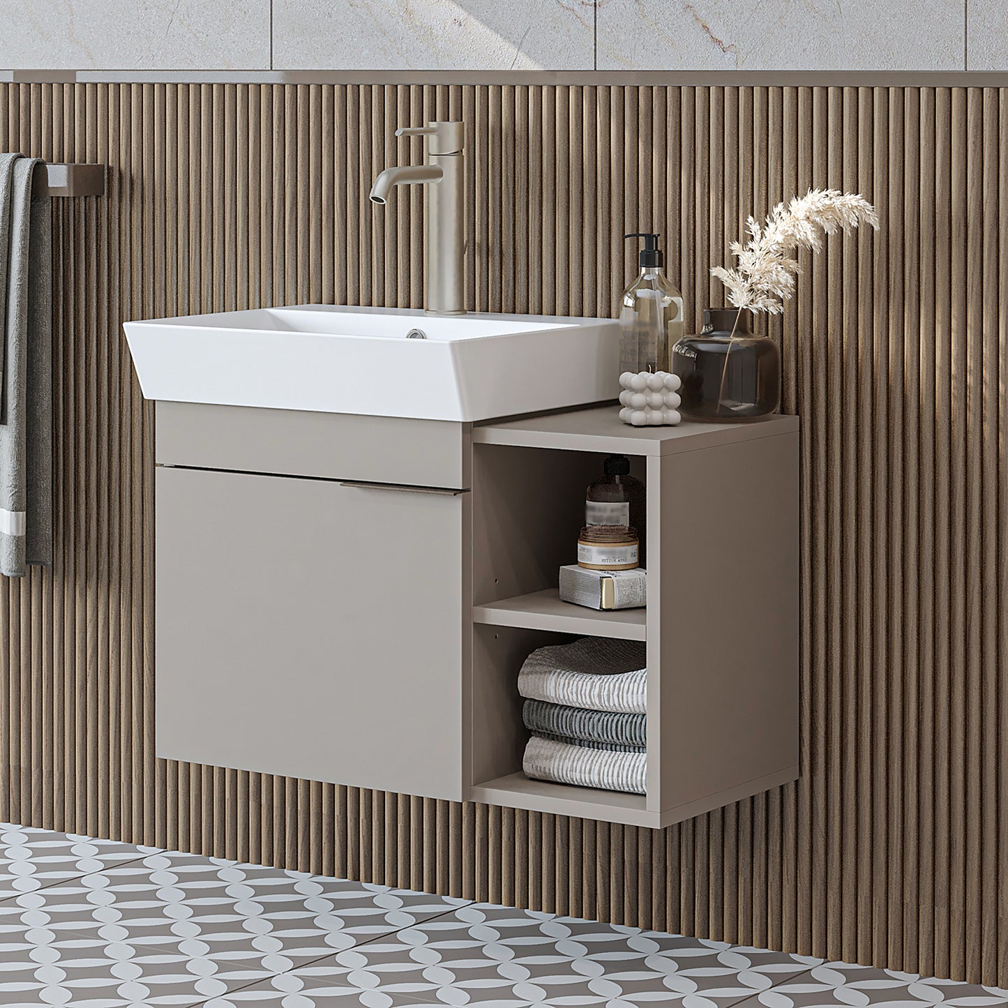 Roomart Badmöbel LYCIA 72 cm – Waschbeckenunterschrank mit Keramik-Waschbecken – Waschtischunterschrank für Badezimmer – Modernes Badmöbel mit Stauraum – 4 Farben