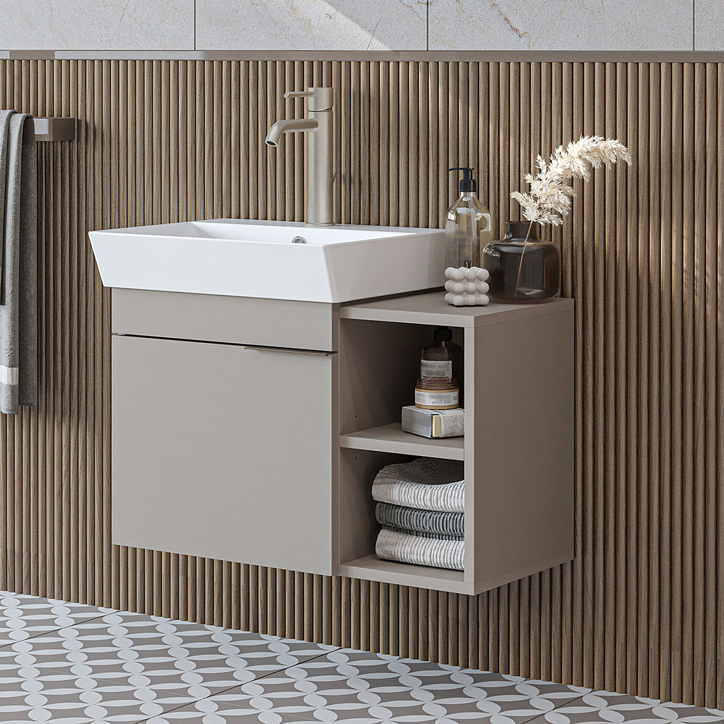 Roomart Badmöbel LYCIA 72 cm – Waschbeckenunterschrank mit Keramik-Waschbecken – Waschtischunterschrank für Badezimmer – Modernes Badmöbel mit Stauraum – 4 Farben