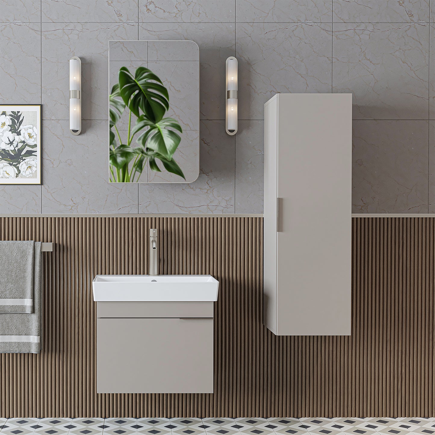 Roomart Badmöbel Set LYCIA 60 cm – 4-teiliges Badezimmermöbel-Set mit Keramik-Waschbecken, Spiegelschrank & Seitenschrank – Badmöbel in 4 Farben